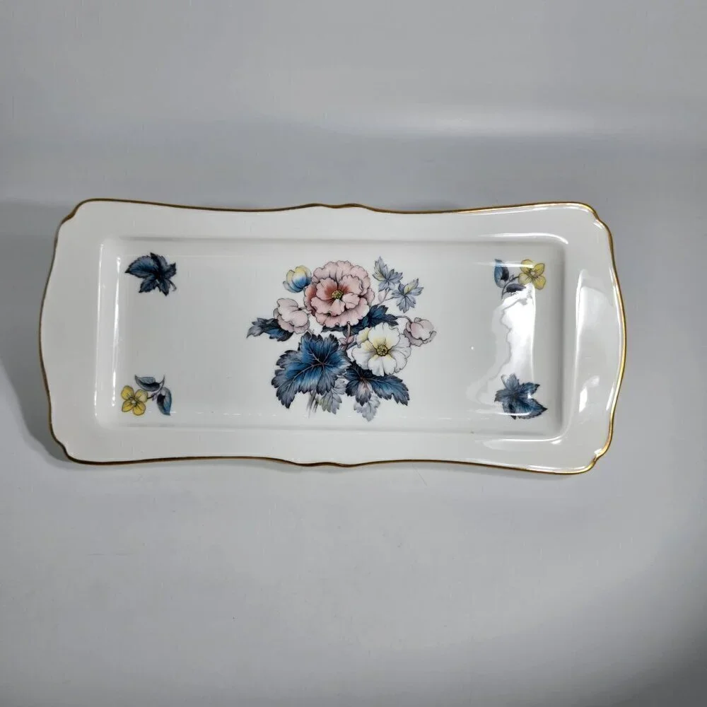 Royal Worcester Bone China Bone Rectangular Serving Tray Floral Design Gold Trim